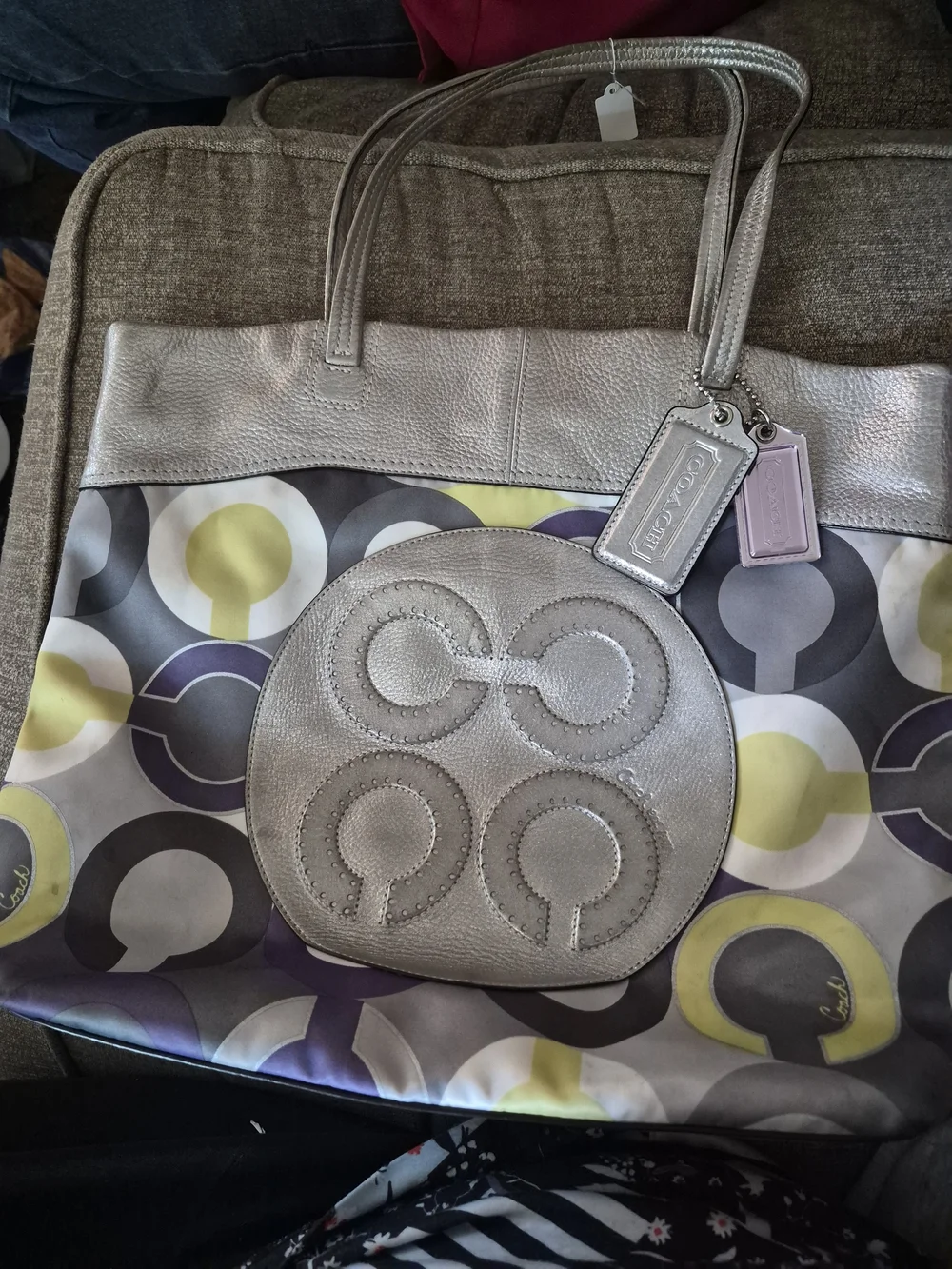 Coach Metallic Silver Tote with Patterned Panel